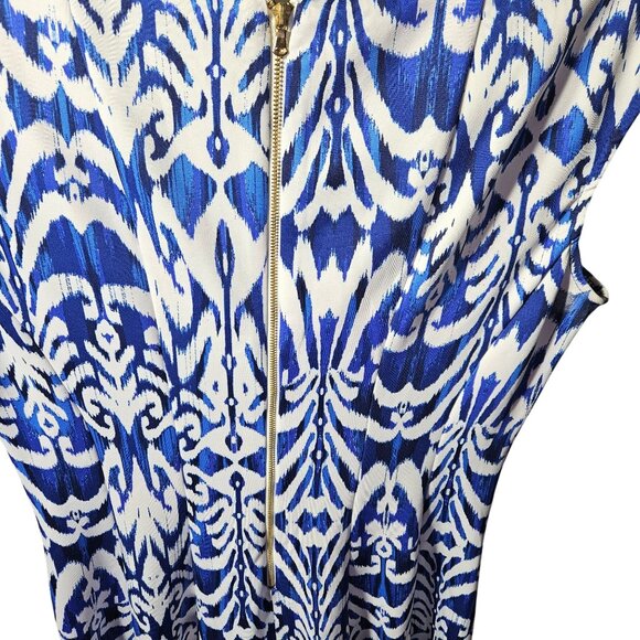 Blue & White Ikat Print Dress With Cap Sleeves & Back Zipper By Zarr Collection - Picture 6 of 6